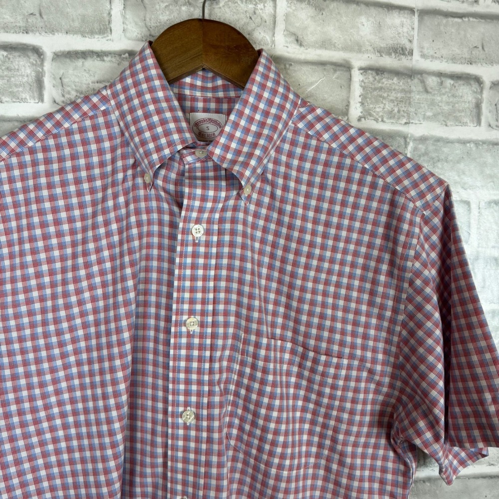 Brooks Brothers Mens S Regular Fit Non-Iron Cotton Short Sleeve Check Shirt Red